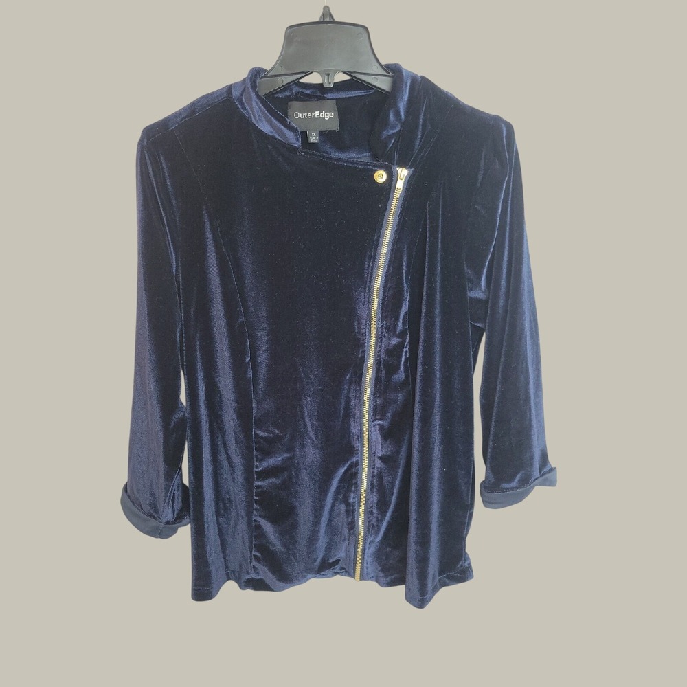 OuterEdge Moto Jacket Velvet Asymmetrical Zip Edgy Chic Minimalist Navy Blue 1X